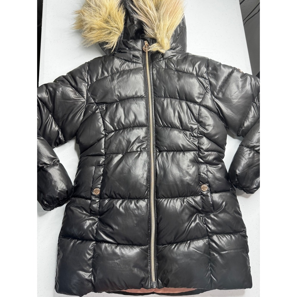 Michael Kors Kids Black Puffer Jacket Faux Fur Hood Gold Size L 12/14